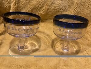 Jose Cuervo Cobalt Blue Rim Mexican Hand Blown Champagne Sherbet Glasses Set “2”